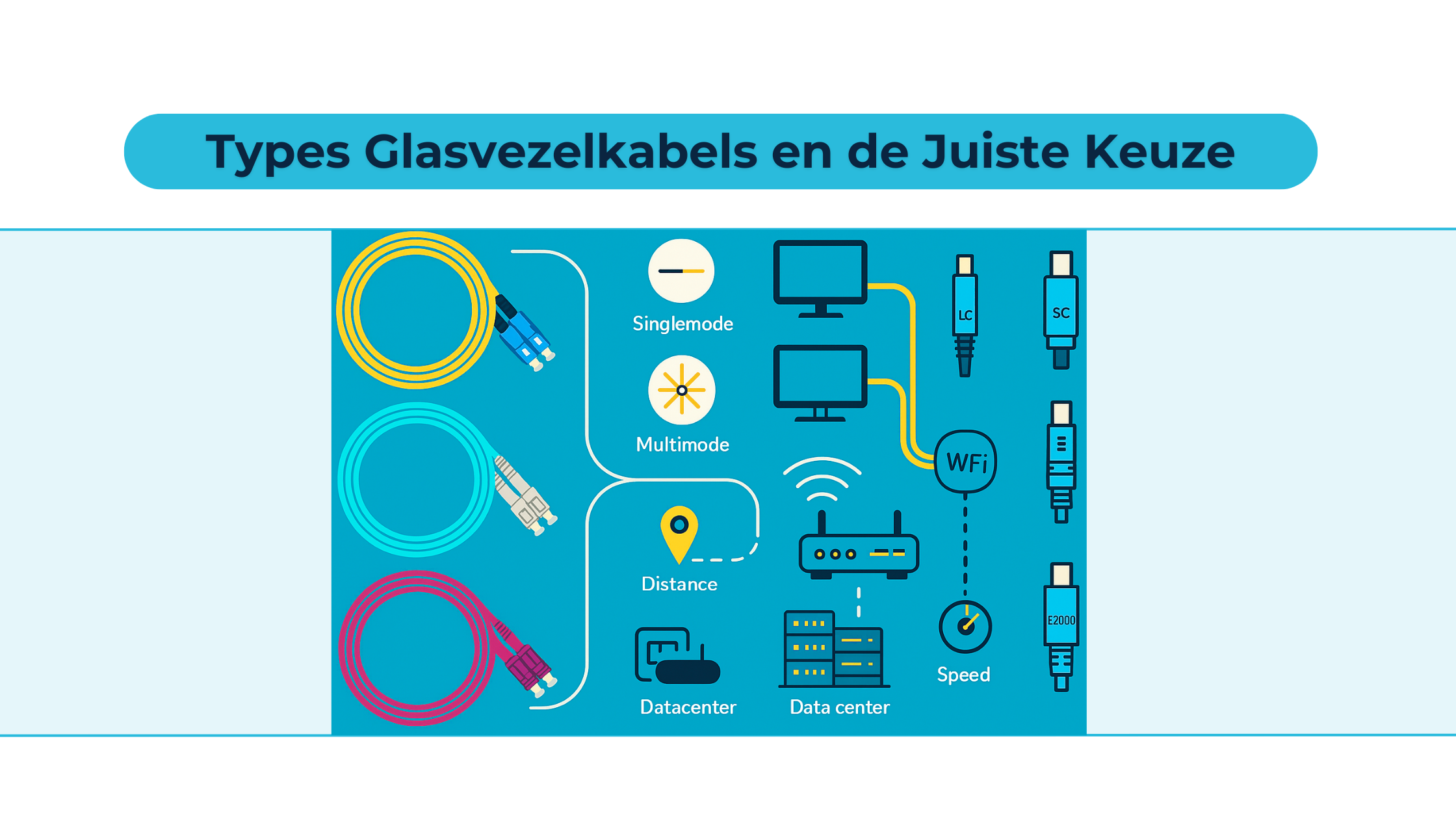 Ontdek de verschillen tussen OM3, OM4 en OS2 glasvezelkabels, leer over connectoren en vind de juiste kabel voor jouw netwerk en apparatuur.