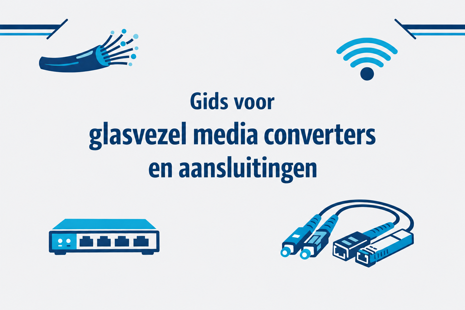 Coverafbeelding voor een gids over glasvezel media converters en aansluitingen, met iconen van glasvezelkabels, netwerkapparatuur, wifi en connectoren.