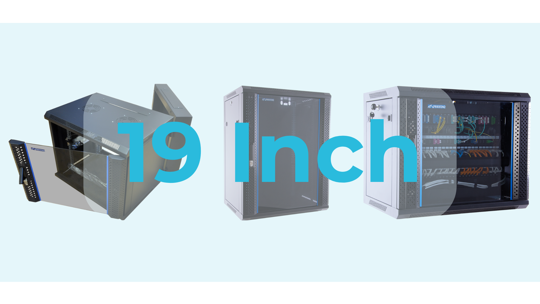 Compacte 19 inch serverkast – krachtige netwerkkast voor thuis, MKB en technische installaties met beperkte ruimte. Kleine 19 inch serverkast van Prestaq met glasdeur en wandmontage, ingericht voor smart home, glasvezel en routeropstelling.