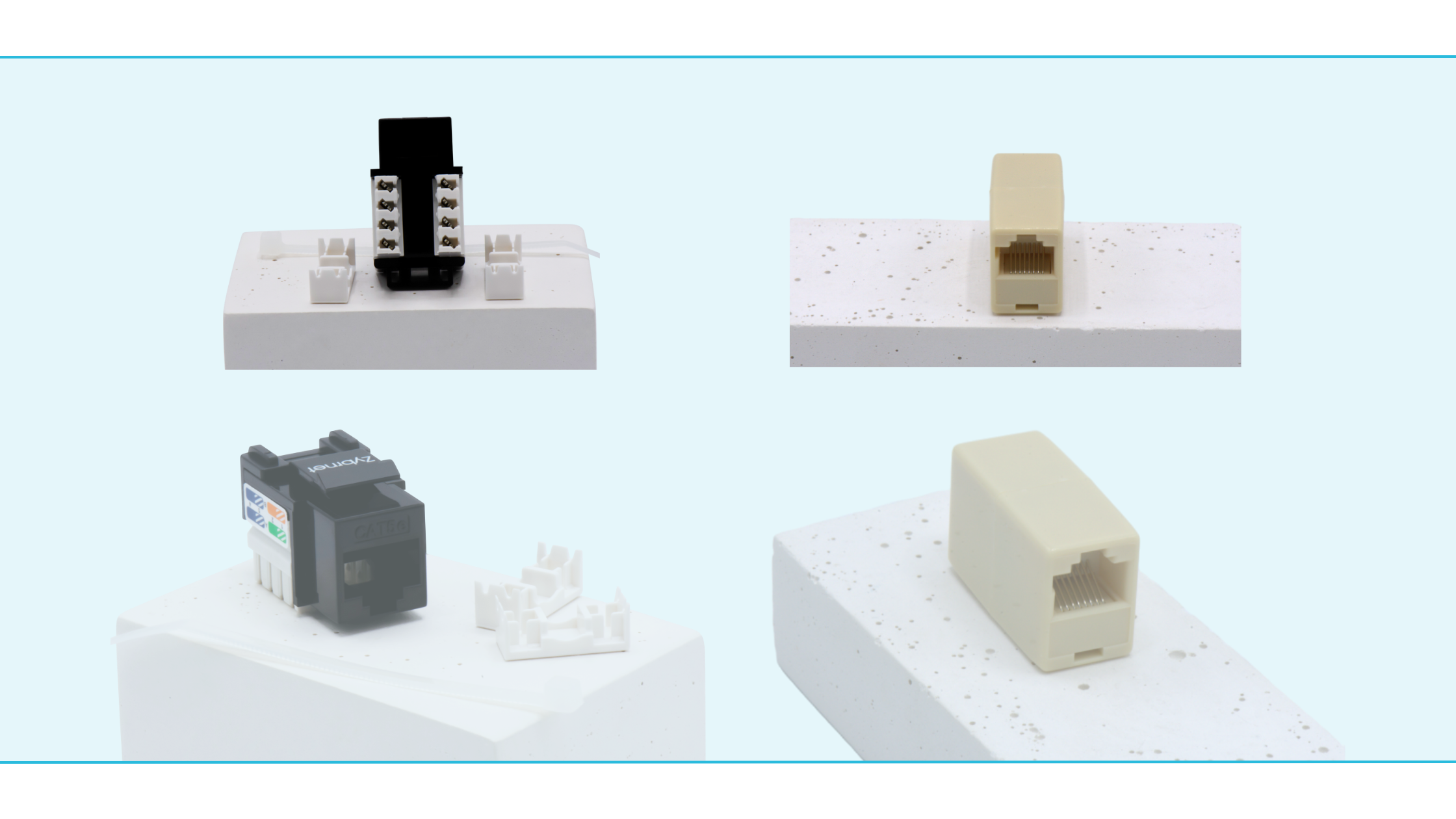 Modulaire Cat5e keystone jacks – eenvoudig te monteren, geschikt voor Gigabit-netwerken. Toolless en punch down Cat5e keystone RJ45 jacks in wanddoos en patchpanel, aangesloten volgens T568B wiring diagram.