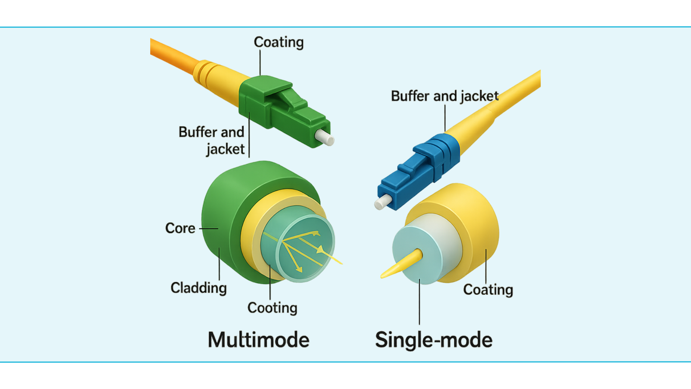 OS2, OM3 en OM4 vergeleken: prestaties per toepassing Visual van OS2 single-mode en OM3/OM4 multimode kabels met indicatieve snelheden en reikwijdte