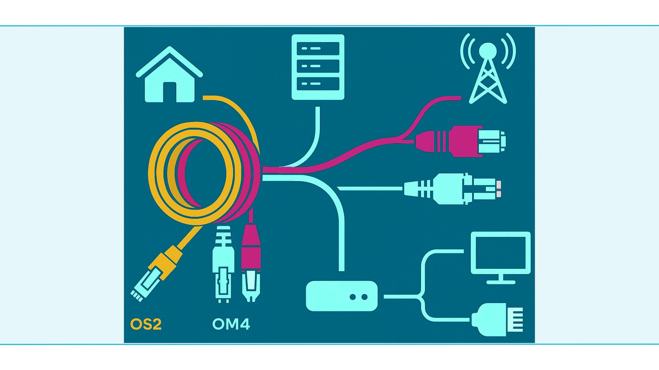 Gele OS2, turkooizen OM3 en magenta OM4 glasvezelkabels naast elkaar