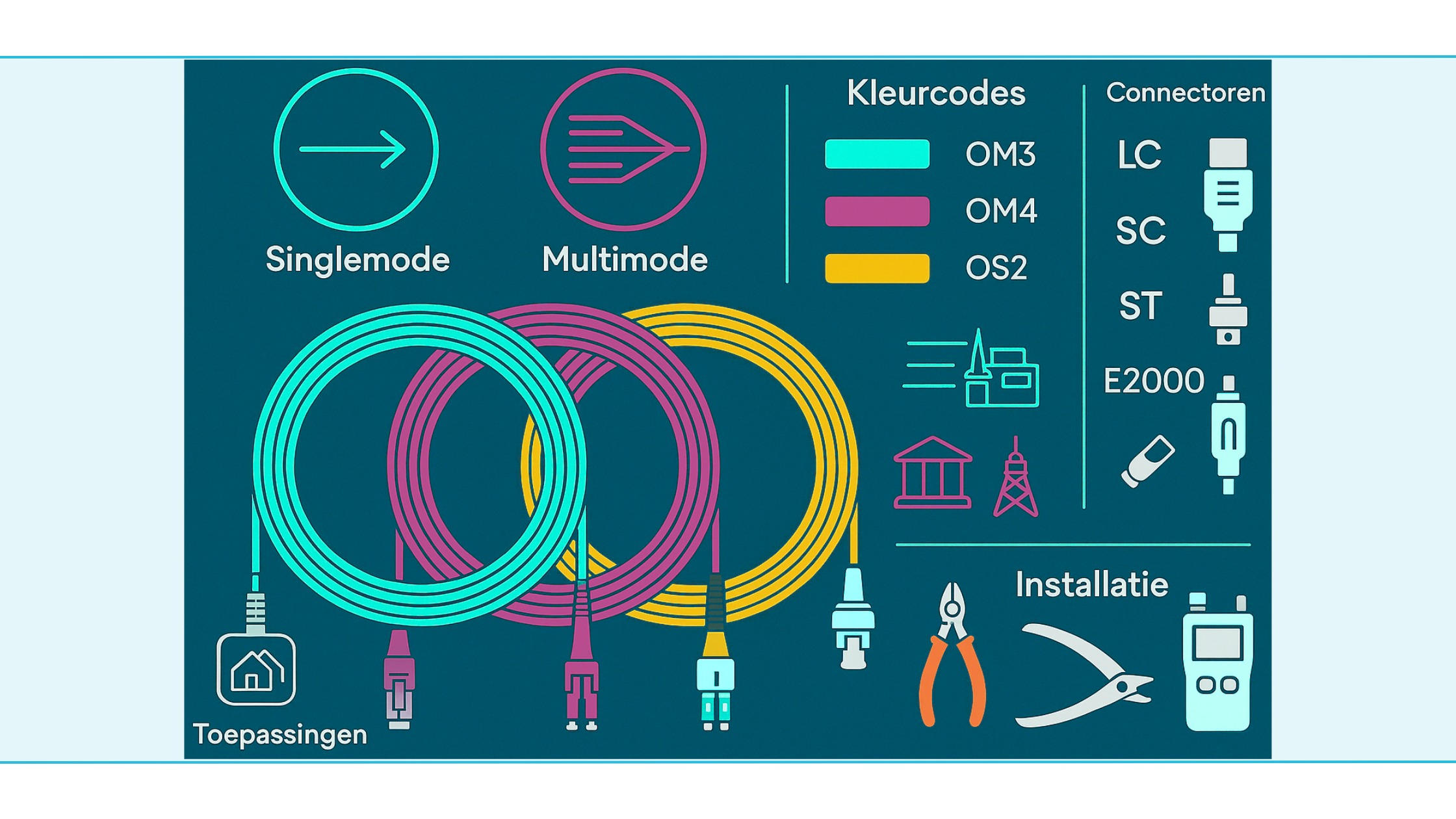 Close-up van LC-, SC-, ST- en E2000-connectoren op een patchpaneel