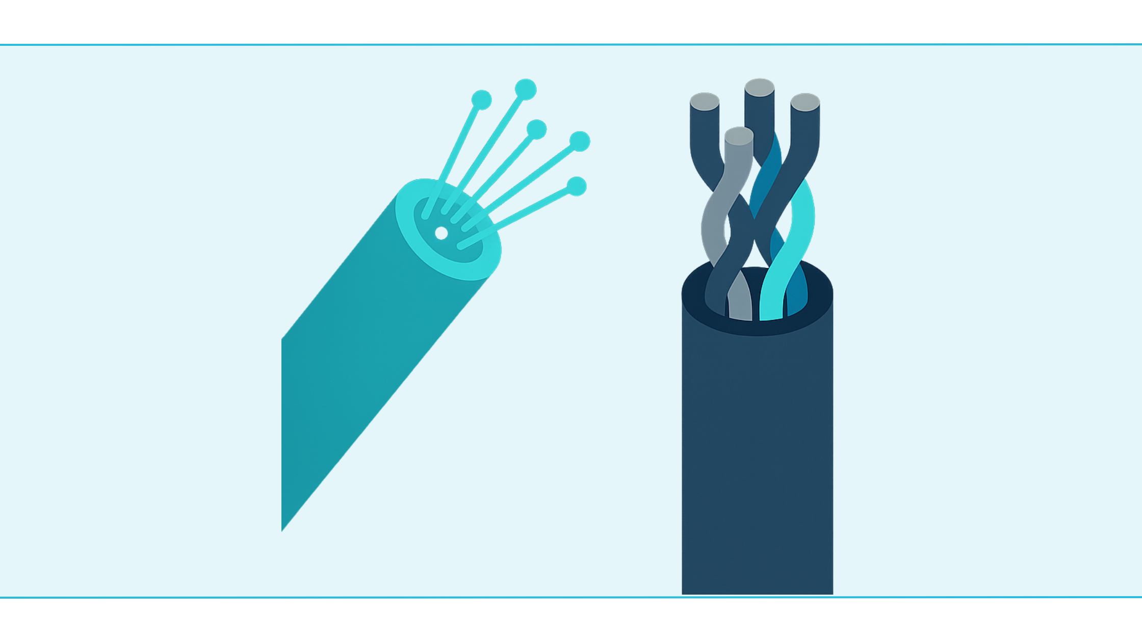 Serverruimte met zware stroomkabels; glasvezeltraject gemarkeerd als storingsongevoelig