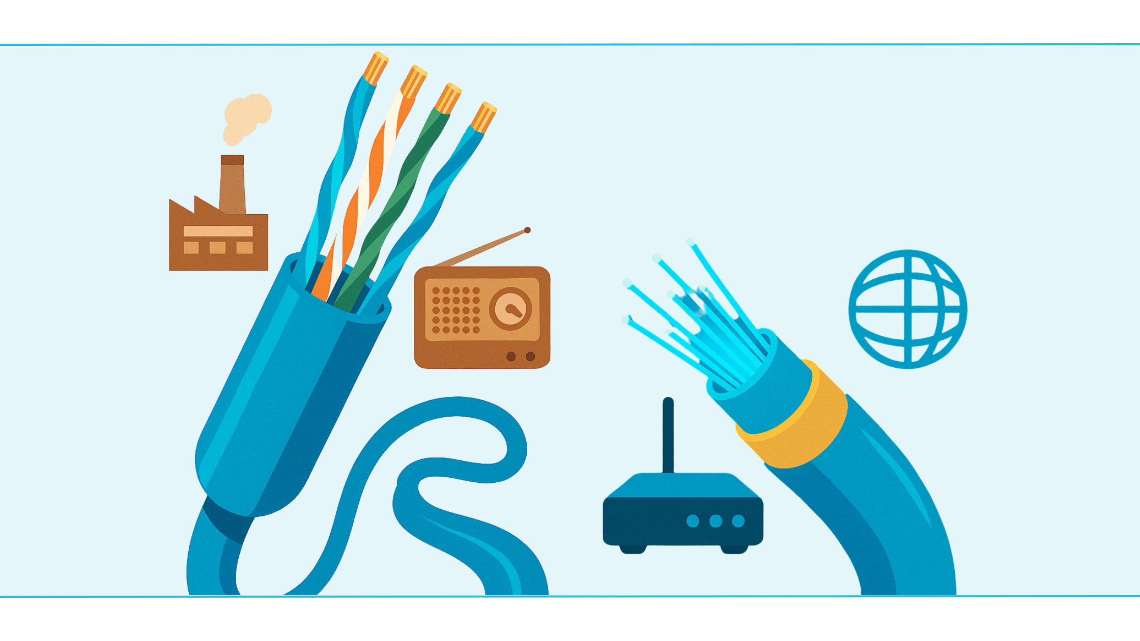 Glasvezel tegenover koperen UTP-kabel met pictogrammen voor snelheid en maximale afstand