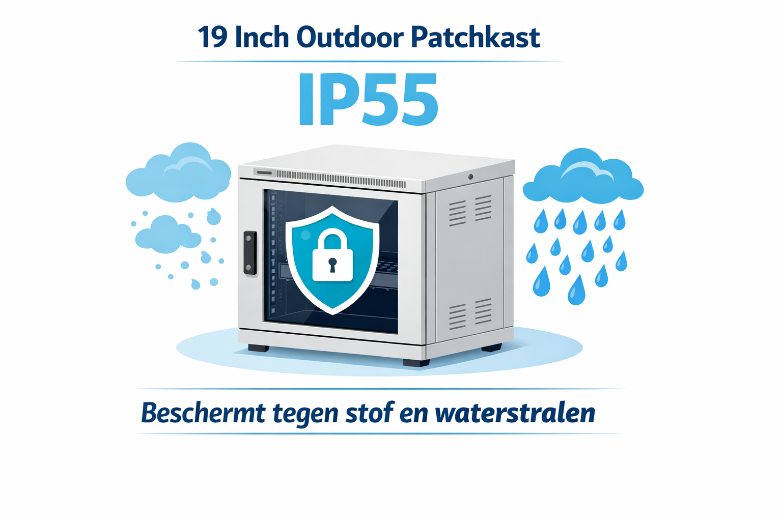 19 inch outdoor IP55 patchkast voor buitengebruik met afgesloten stalen behuizing ter bescherming van netwerkapparatuur tegen stof en water.