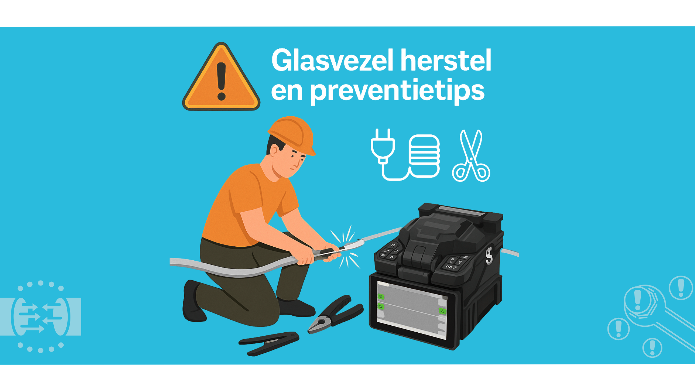 Glasvezelkabel herstellen met fusielasapparaat Technicus herstelt glasvezelkabel met fusielasapparaat