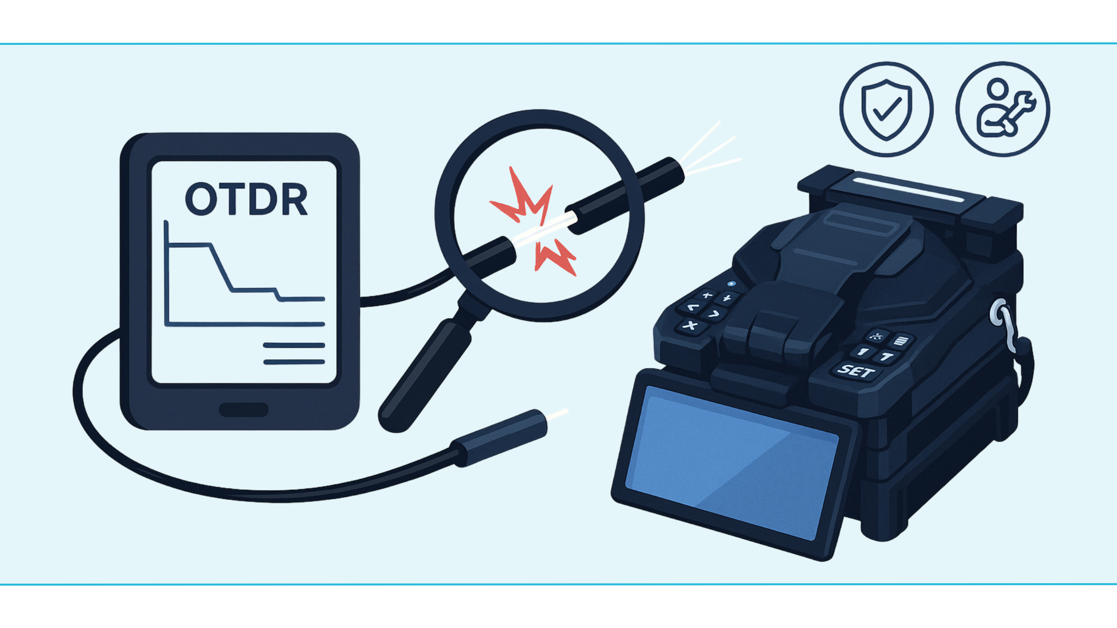 Breuk in glasvezelkabel opsporen met OTDR OTDR-apparaat lokaliseert breuk in glasvezelkabel