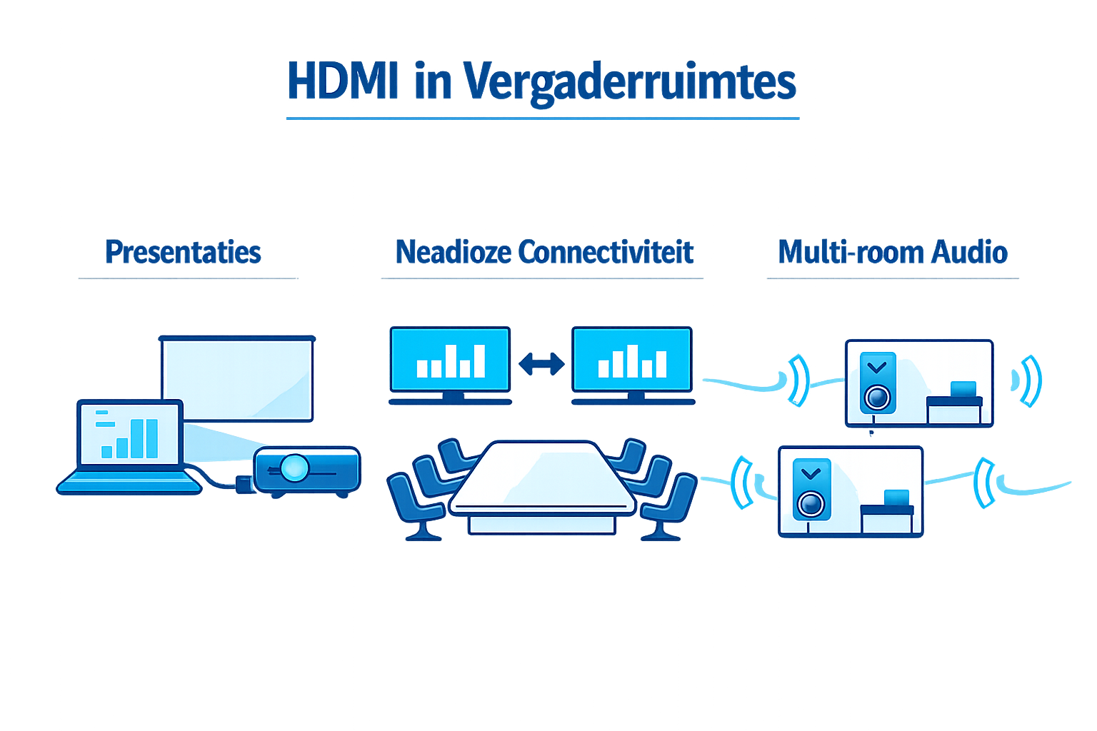 hdmi toepassingen in vergaderruimte met presentatie schermen en multi room audio verbinding
