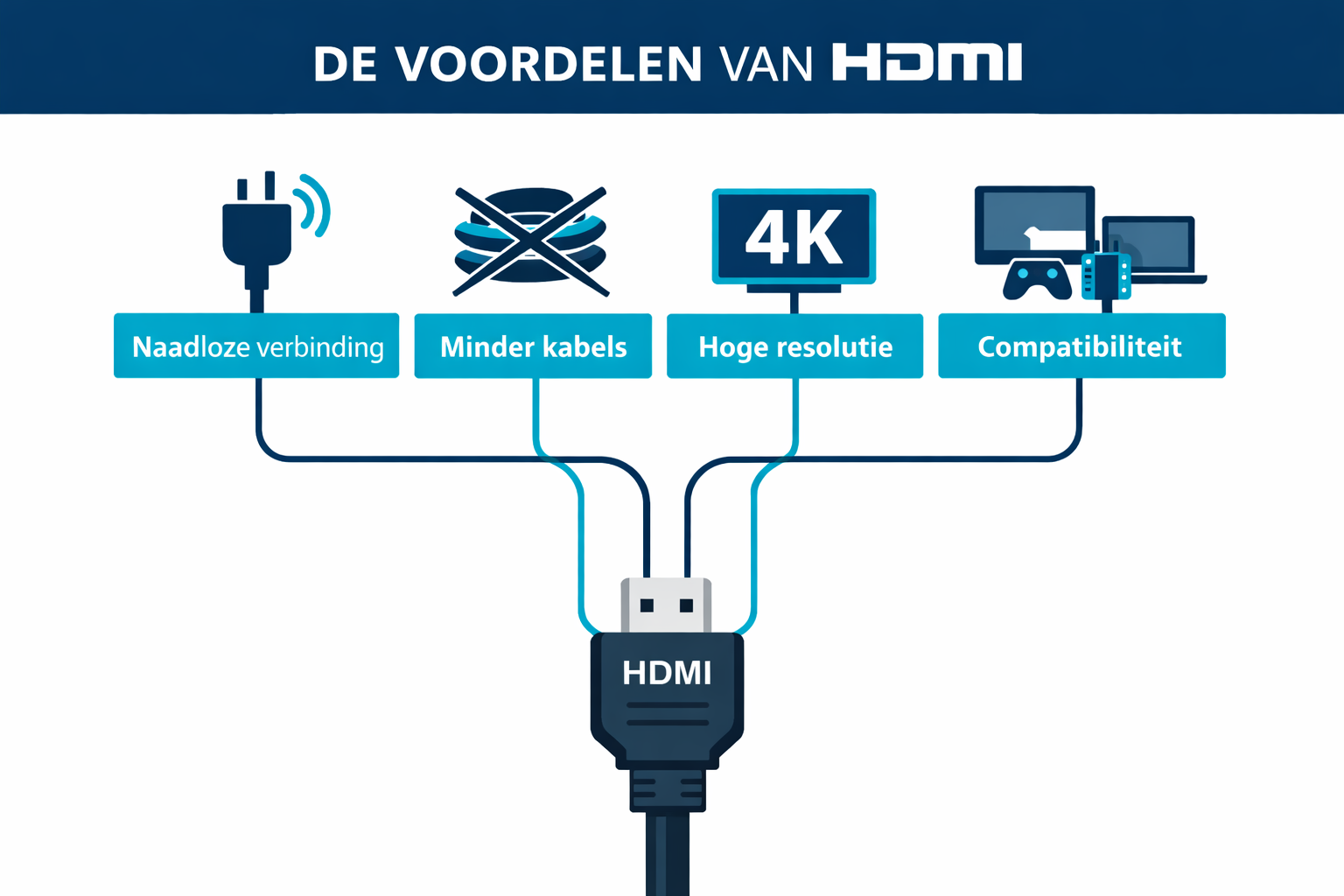 Infographic met de voordelen van HDMI zoals minder kabels, hoge resolutie 4K en compatibiliteit met meerdere apparaten