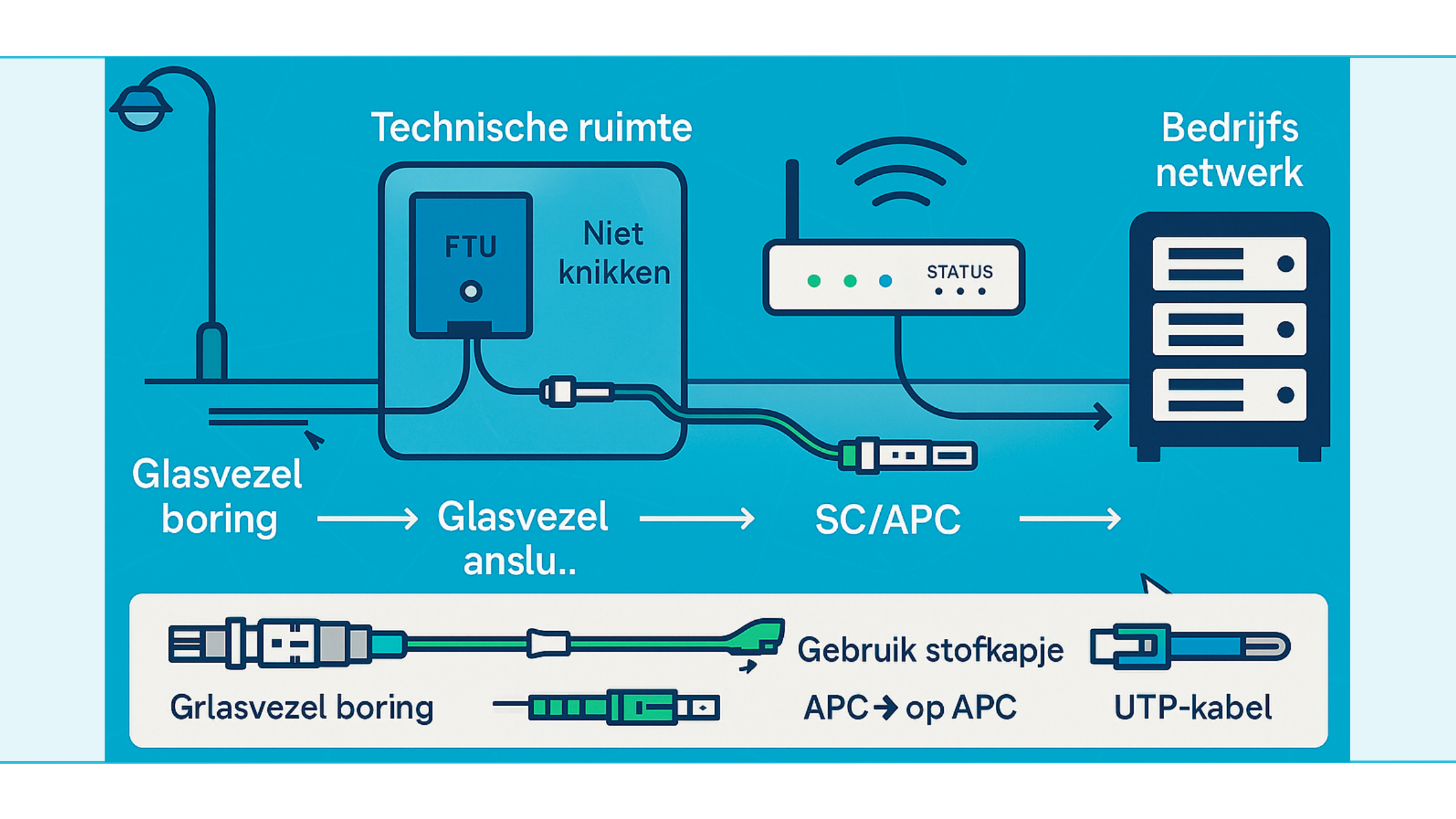 OM3 vs OM4 vs OS2: keuze per afstand en bandbreedte OM3, OM4 en OS2 glasvezelkabels naast elkaar met kleurcodering turquoise, violet en geel