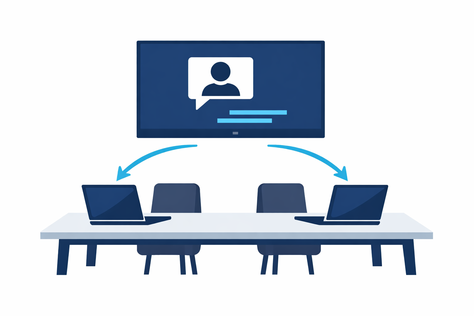 Illustratie van een vergaderruimte met scherm en laptops verbonden via HDMI voor videoconferencing en samenwerking