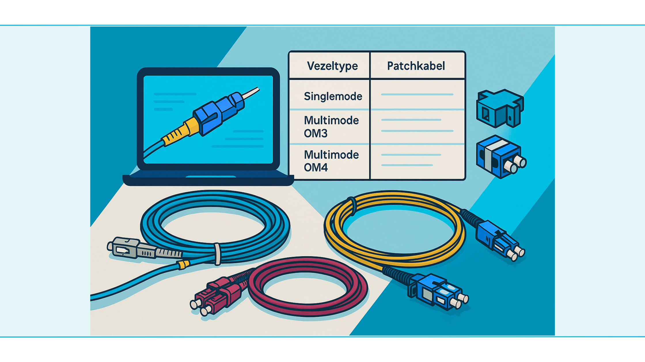 Kleurgecodeerde pigtails: OS2 (groen/blauw), OM3 (aqua) en OM4 (violet)