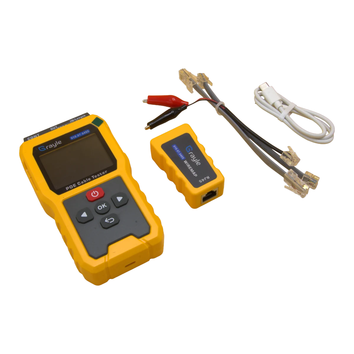 Contents of the Grayle PoE network tester: tester, remote unit, test lead with crocodile clips and USB-C cable