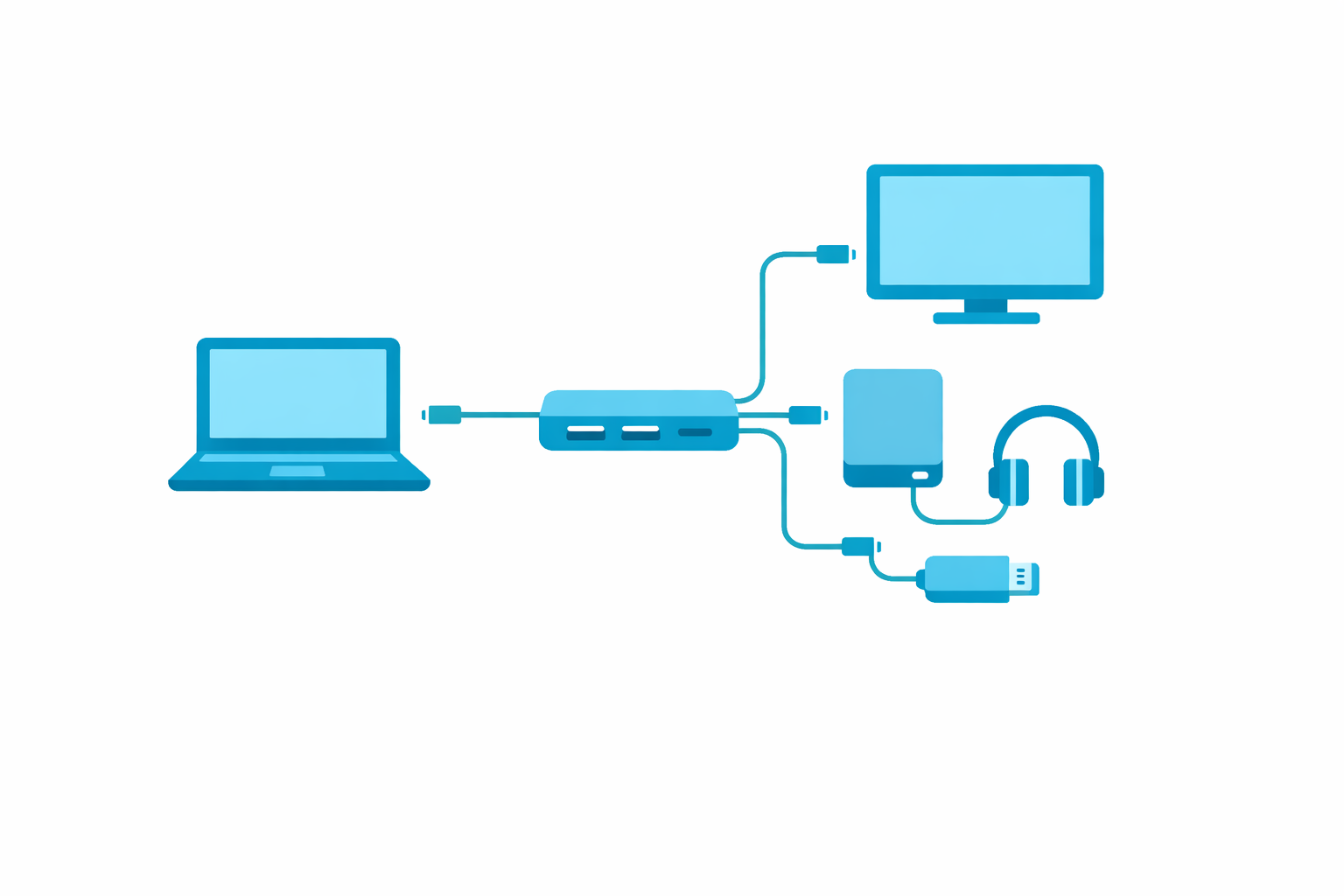 USB-C hub met meerdere apparaten zoals monitor, opslag en audio aangesloten